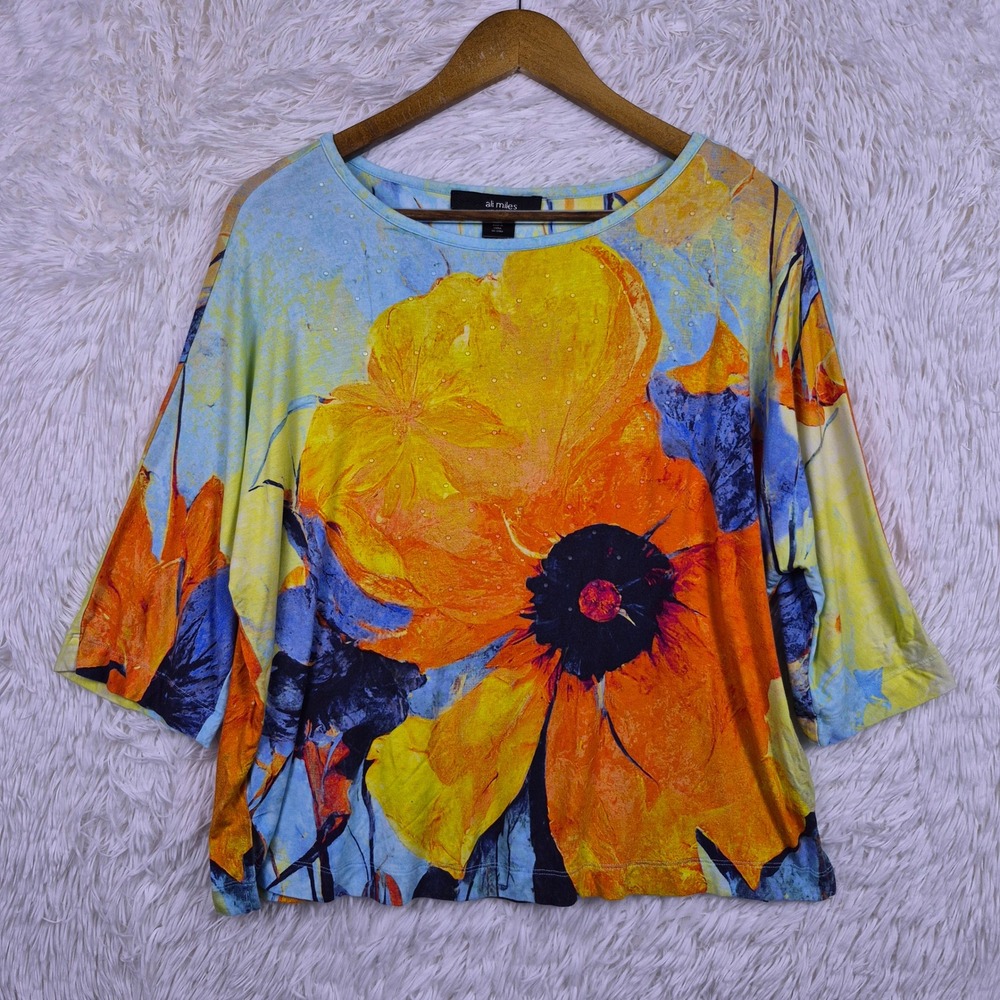 Ali Miles Petite Floral Rhinestone Embellished 3/4 Sleeve Top Orange Blue PM